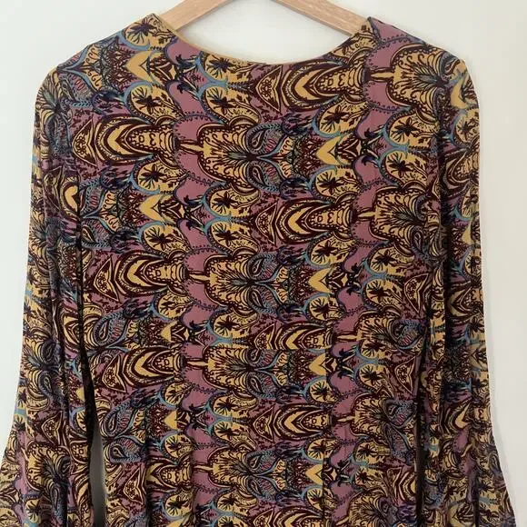 Free People Ossie Vibes Bell Sleeve Dress Tunic Gold Purple Boho Retro Size 10 - Picture 6 of 8